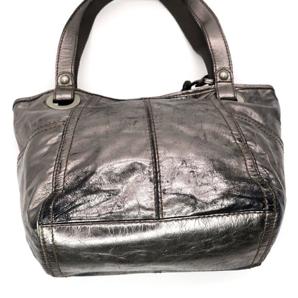 FOSSIL Long Live Vintage Silver Metallic Distressed Leather Hathaway Tote Bag - Picture 6 of 8